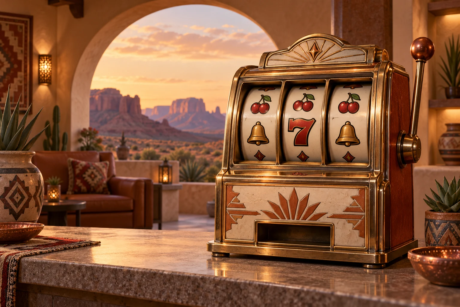 An original slot cabinet with illuminated reels